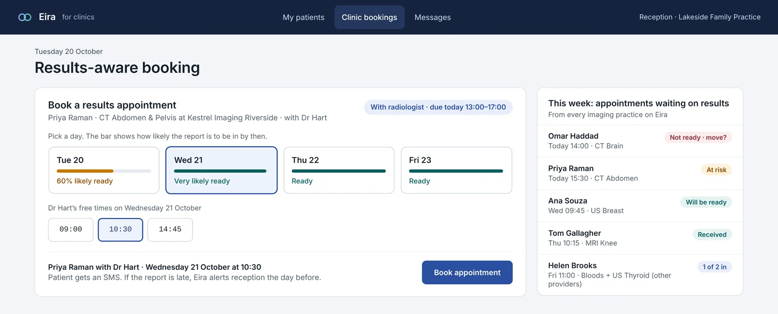 Eira results-aware booking screen showing how likely a report is to be ready on each day