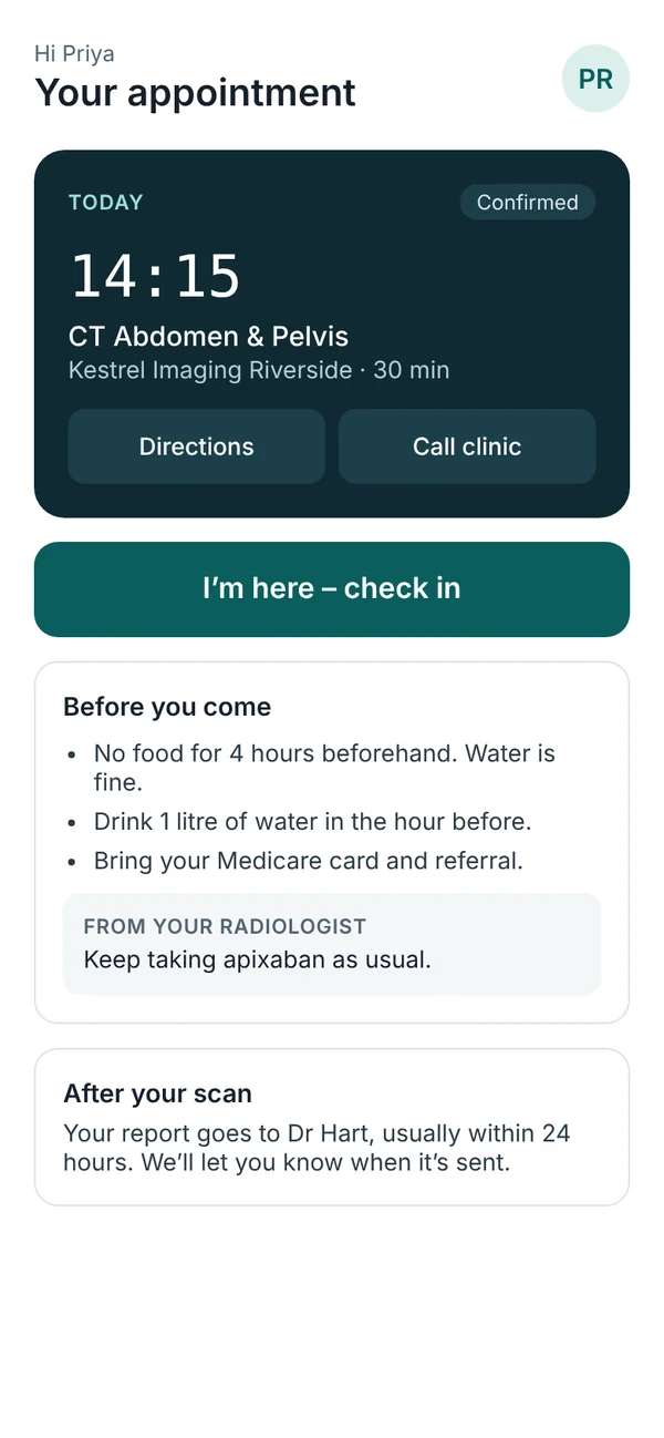 Eira patient app showing today's appointment, a check-in button and preparation instructions