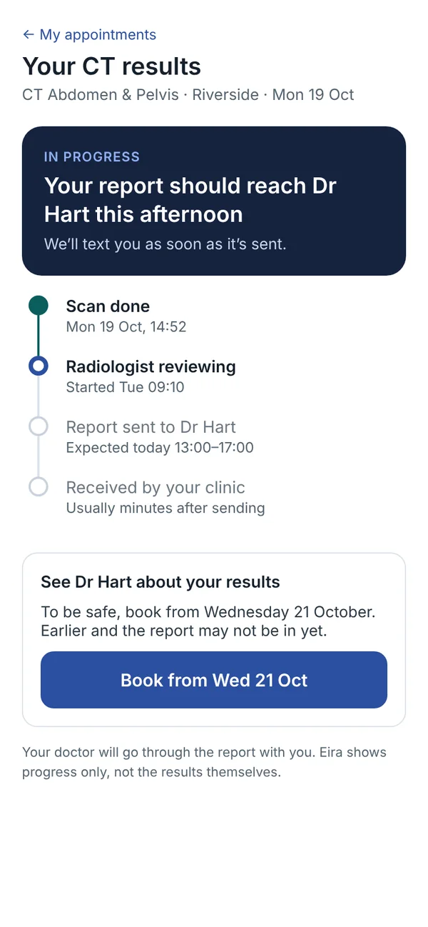 Eira patient app showing report progress steps