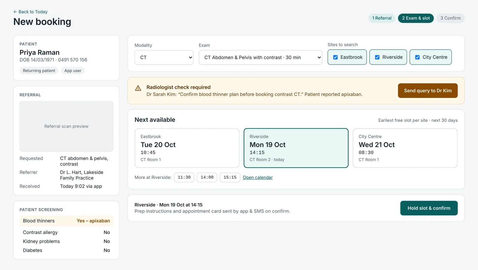 Eira new booking screen with patient screening answers, a radiologist check and next available slots at three sites